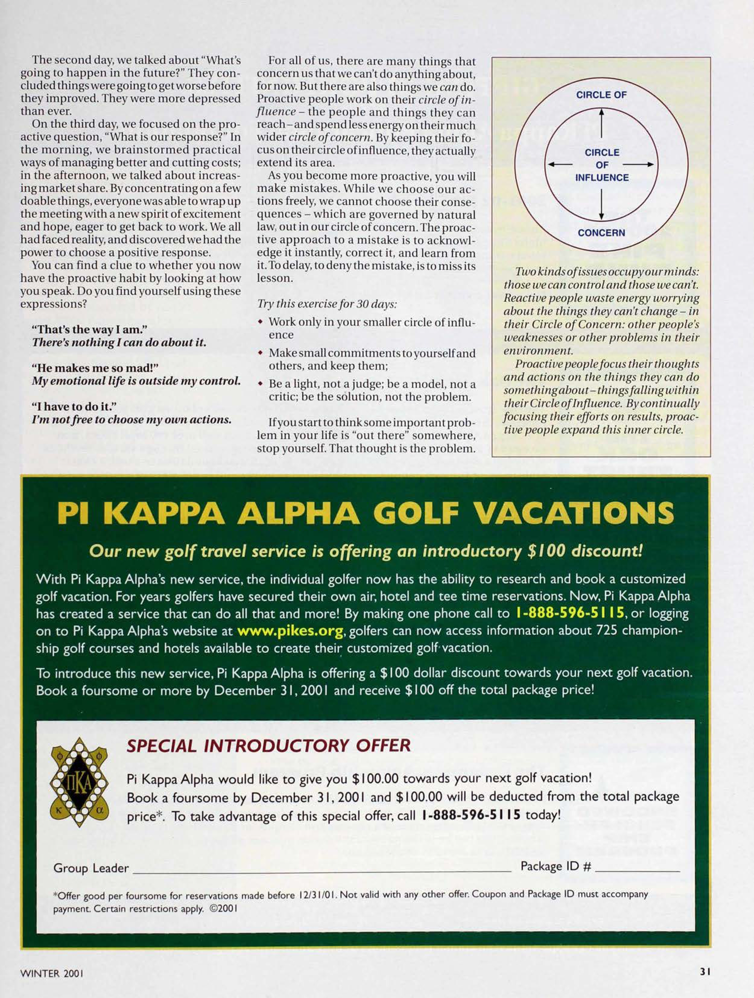 Pi Kappa Alpha Golf Vacations Advertisement, Winter 2001